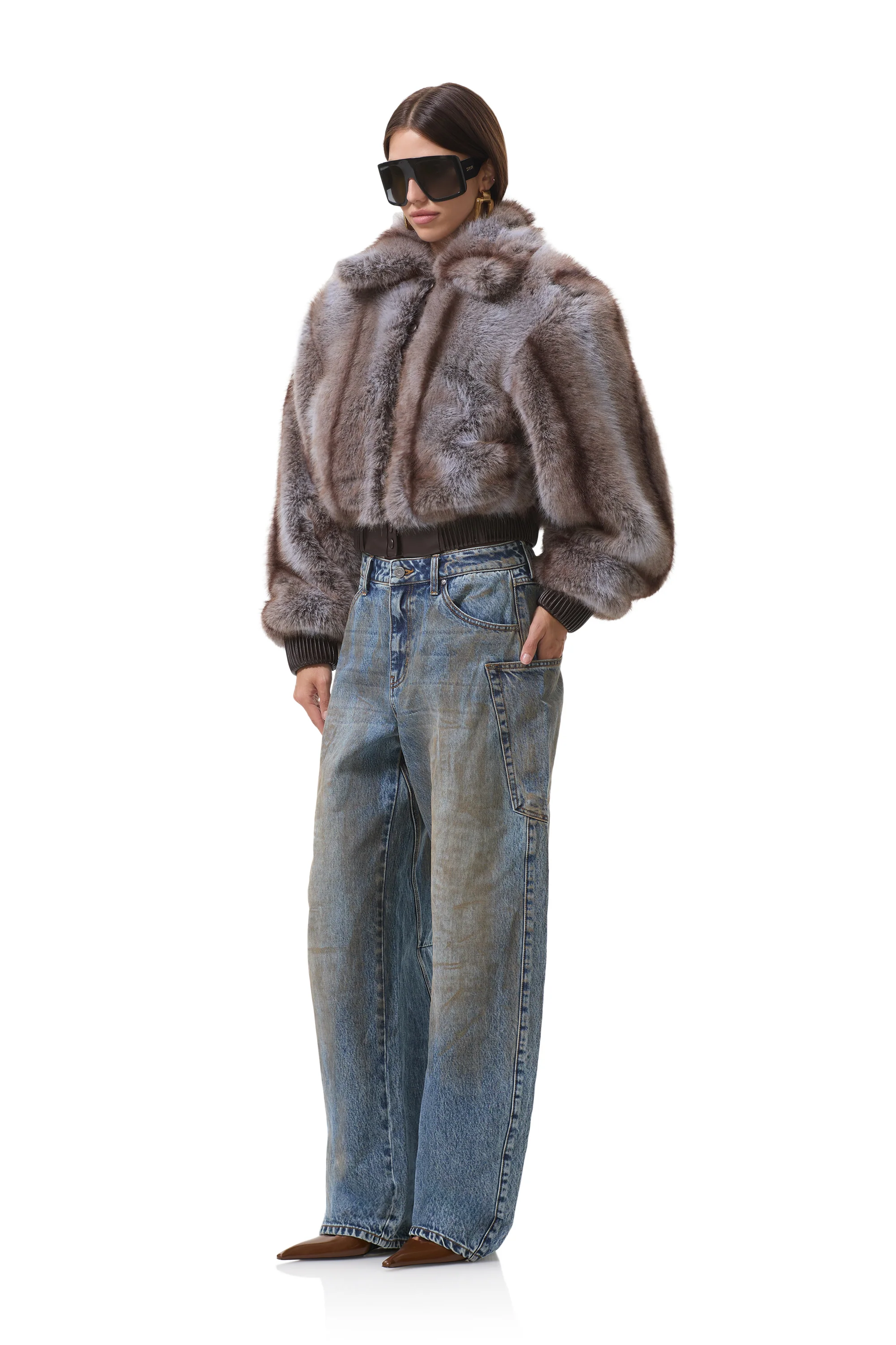 Adelaide Fur Bomber Jacket - Lilac Brown Stripe - Image 3